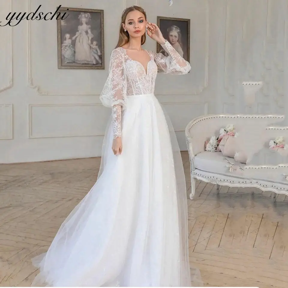 

2022 Bohemian Tulle Lace Up Wedding Dresses Long Puff Sleeves Appliques Bridal Gown For Women Vestido De Novia