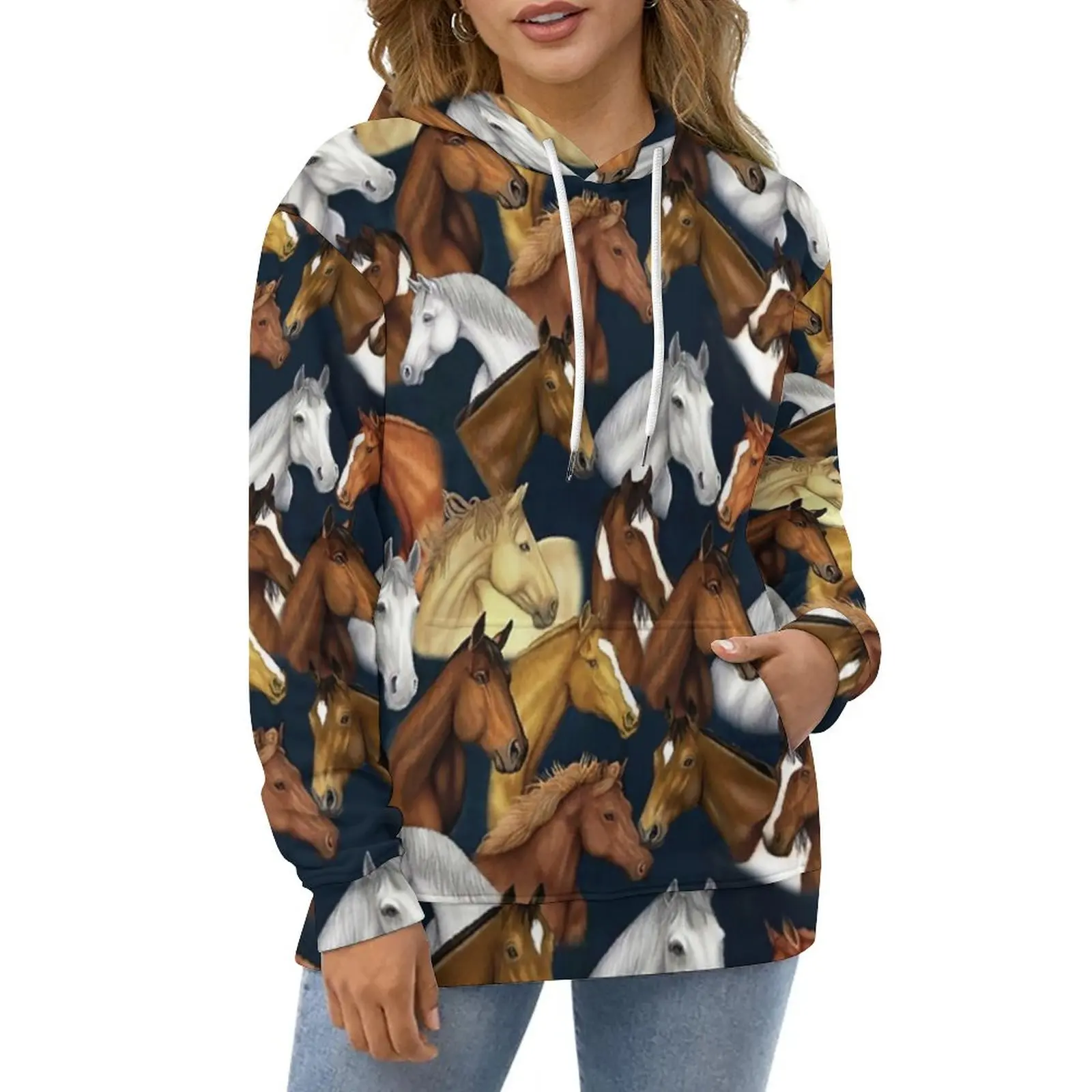 

Cool Hourse Casual Hoodies Wild Animal Print Modern Hoodie Unisex Long-Sleeve Oversize Korean Fashion Graphic Loose Top