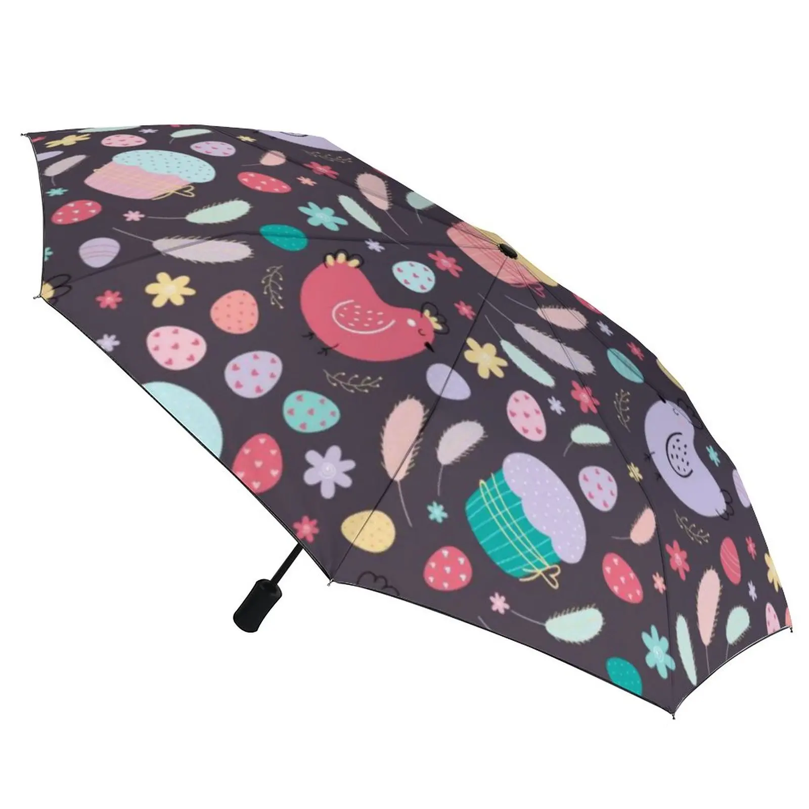 

3-складной автоматический зонт с мультяшным рисунком курицы, пасхальный Зонт с рисунком пасхальных яиц, ветрозащитный зонт, рамка из углеро...