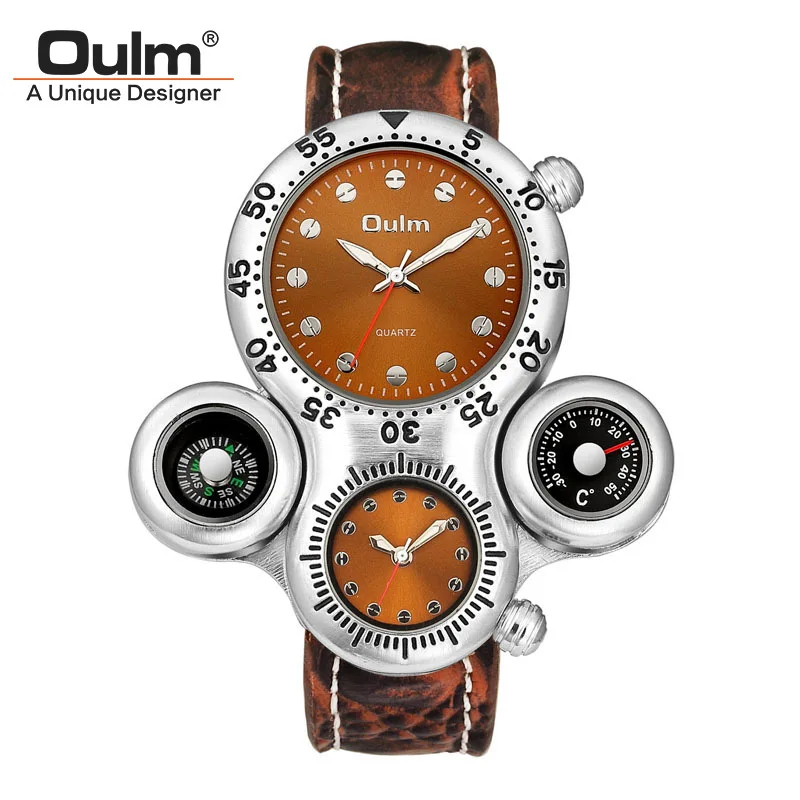 

OULM Men Watches Top Brand Luxury Male Clock Compass Thermometer Watch Leather Quartz Watch for Men 2 Time Zone Men Wristwatch