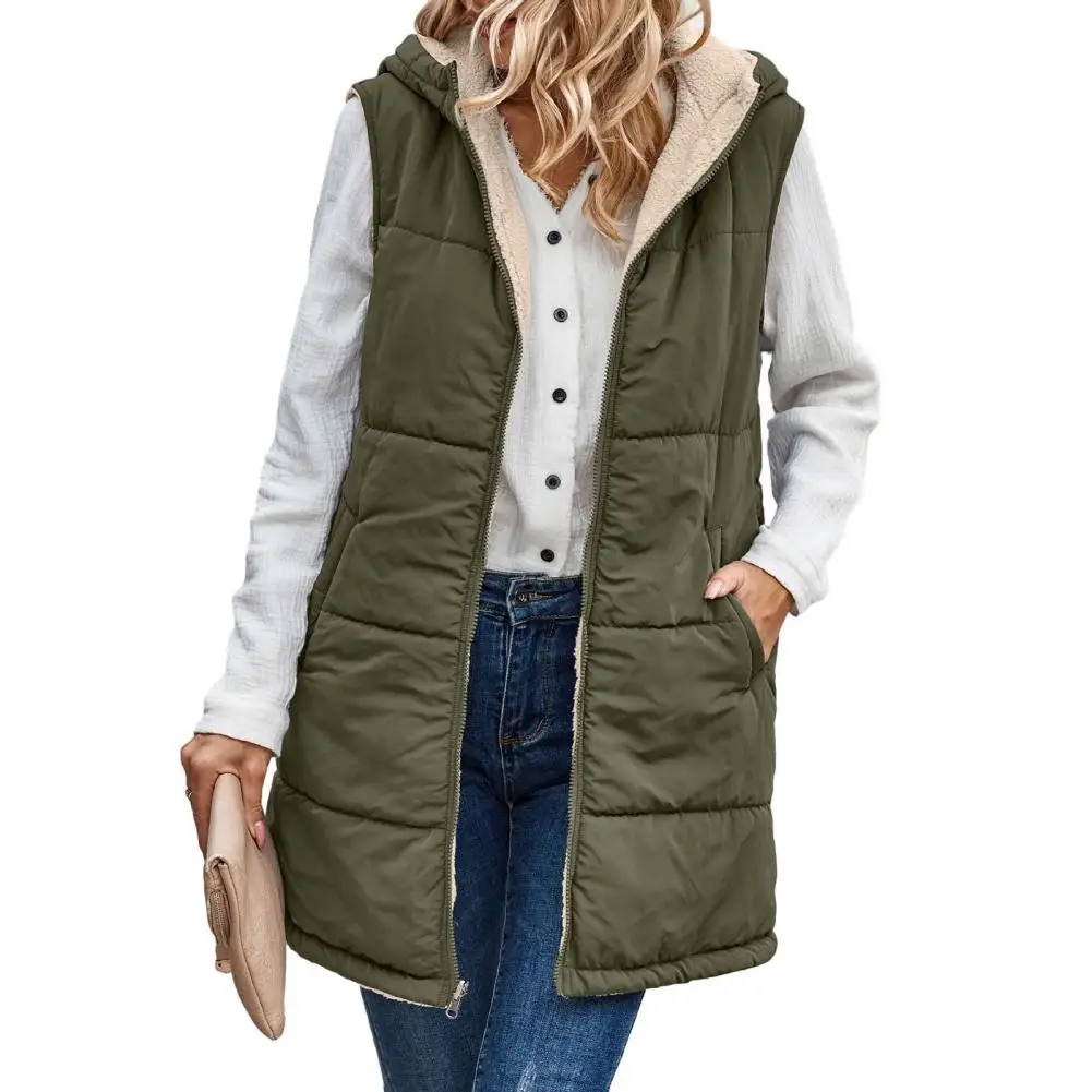 

Coat Female Reversible Vest Coat Hooded Sleeveless Fleece Lining Jacket Solid Color Mid-length Waistcoat Long Warm Outerwear