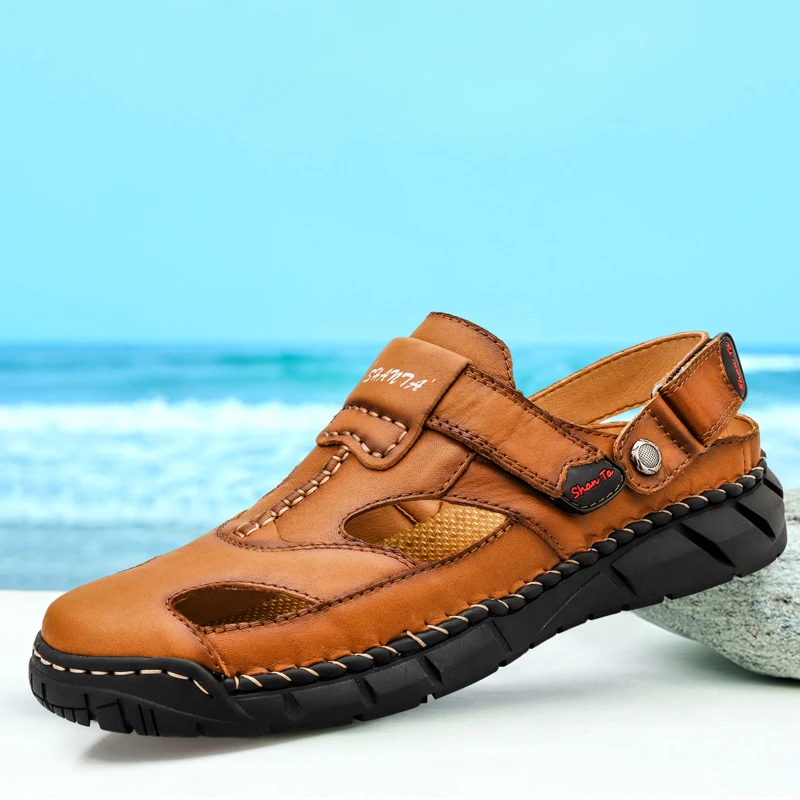 

Сандалии мужские кожаные, Повседневная дышащая летняя обувь для прогулок, тапочки двойного назначения с резиновой подошвой, пляжная обувь