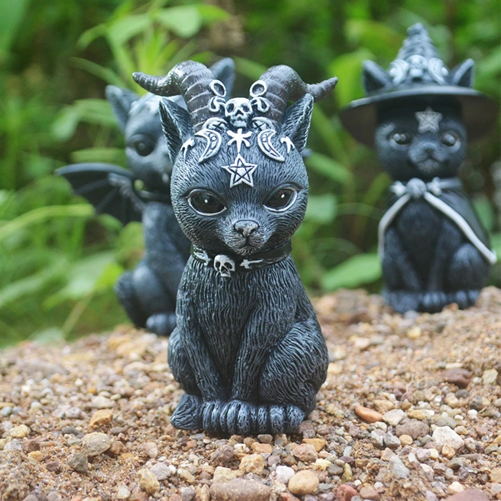 

Halloween Magic Black Cat Kitty Sculpture Lawn Gnome Figurine Desktop Sculpture Horror Statue Home Garden Yard Decor Holiday