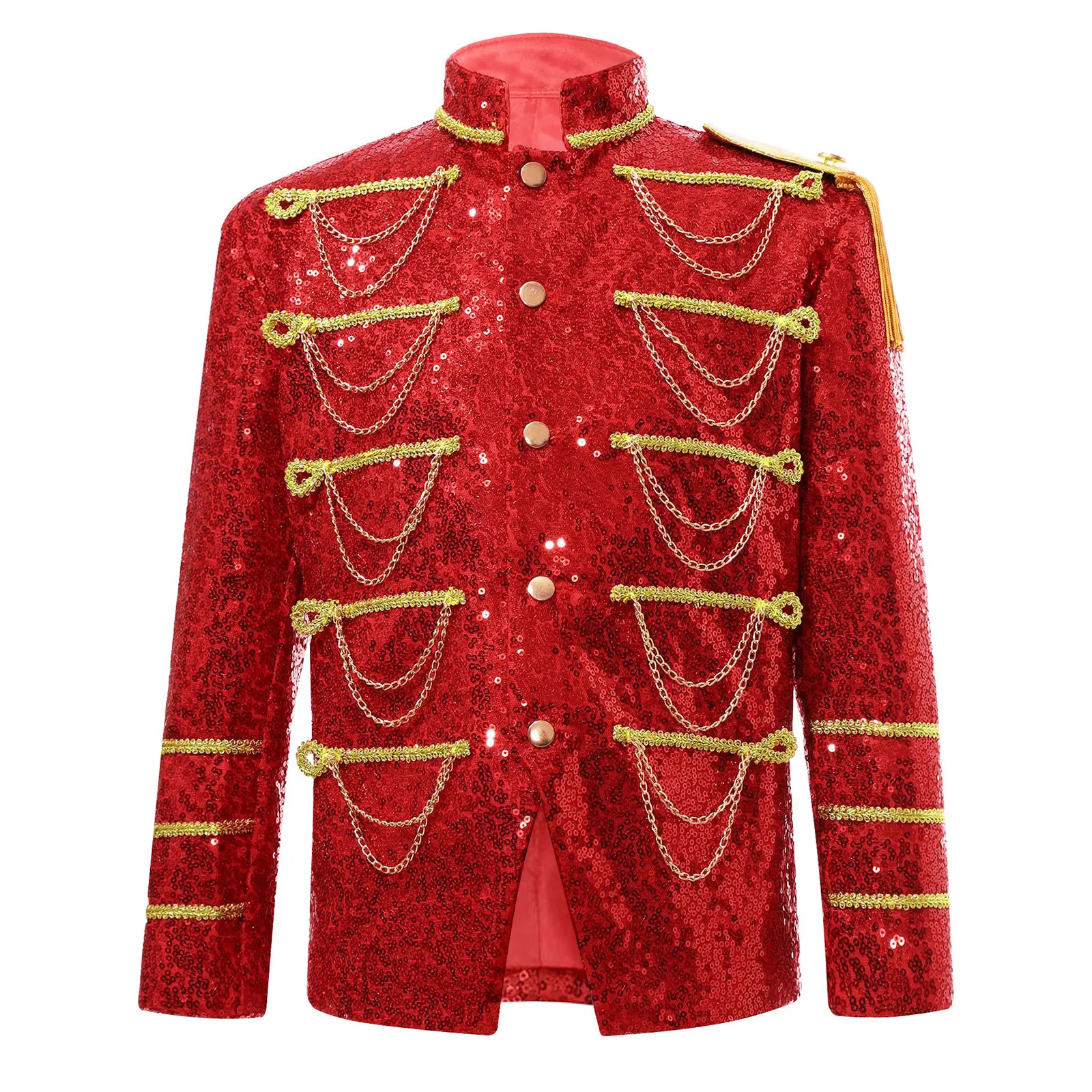 

Kids Shiny Sequin Blazer Top Long Sleeve Gold Fringe Lace Chain Button Decoration Suit Coat Circus Cosplay Performance Costume