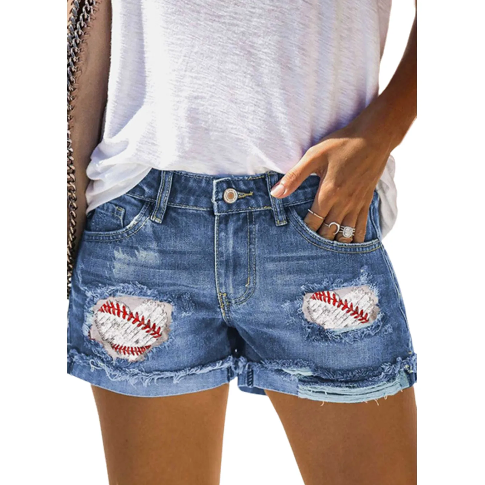 Women Fashion Ripped High Waisted Rolled Baseball Patch Pocket Denim Shorts Vintage Hole Summer Casual Short Jeans Hotpants