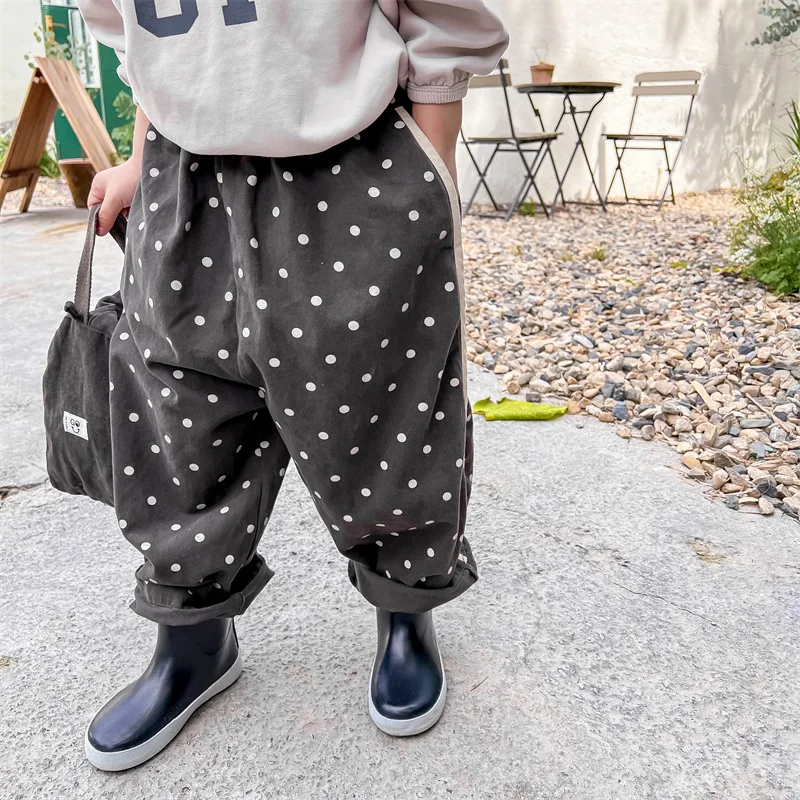 

2023 New Fashion Dot Print Girls Harem Pants Loose Children Trousers Autumn Baby Casual Pants Cotton Boys Pants Kids Clothes