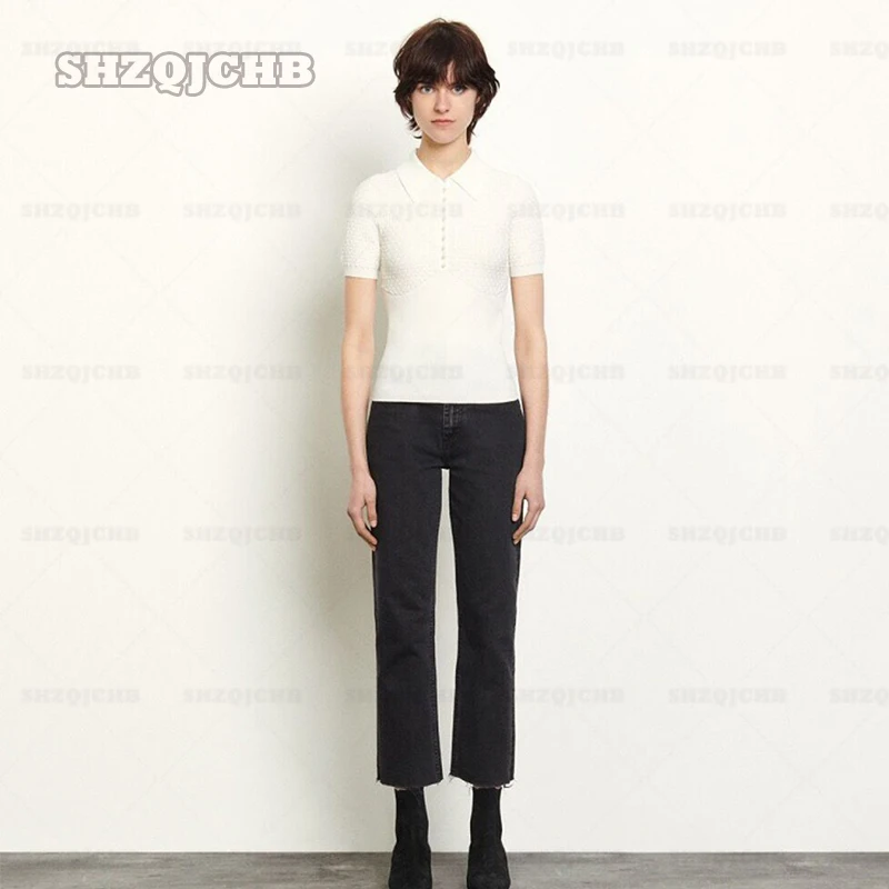 

2022 Fashionable and Elegant Spring Summer New French Short Sleeve T-shirt Tight and Versatile Pearl Button Lapel Blouse Women