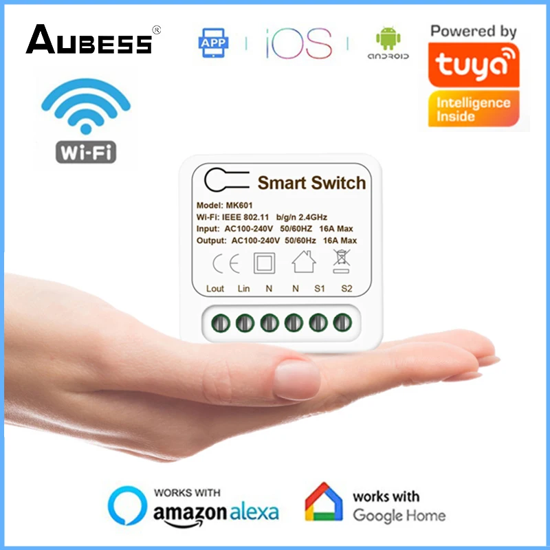 

Умный выключатель света Aubess Tuya с Wi-Fi, двухсторонний автоматический выключатель, релейный модуль времени «сделай сам» для Яндекс, Alexa, Google Home