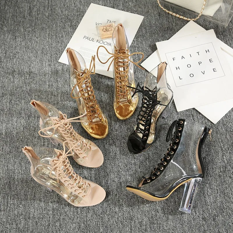 Женские сандалии-гладиаторы из ПВХ прозрачные босоножки на массивном каблуке 11