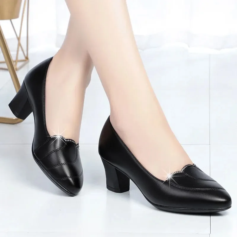 

Sapatos Femininas Women Cute Round Toe Black Pu Leather Spring Light Weight Square Heel Shoes Lady Cool Comfort Pumps E6965