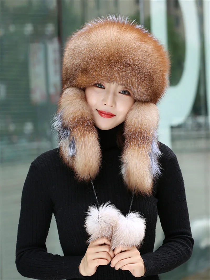 2022 New Women Winter Ushanka Hats Bomber Russian Women Fluffy Trapper Natural Fox Fur Warm Round Ladies Fur Hat Scarf Set