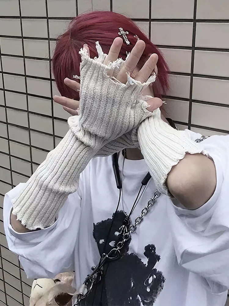 

Sifreyr Gothic Punk Unisex Gloves Tattered Fingerless Cuff Knit Gloves Black Elbow Length Mittens Broken Cool Stretch Arm Warmer