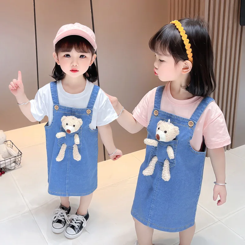 

2022 Summer New Toddler Girls Clothes Sets Newborn Infant Denim Dress with Doll Bear +Cotton T-shirt Baby Kids Casual Outfits