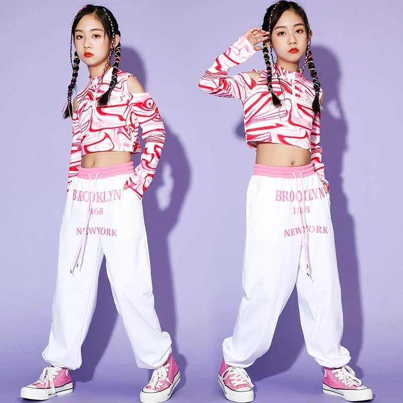 

Hip Hop Girls Off Shoulder Crop Top Street Dance Pants Kids Cheerleader Clothes Sets Child Streetwear Joggers Teenage Costumes