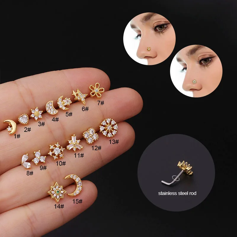 

Stainless Steel Piercing Nose Stud Nose Rings Goth Geometry Star Month Zircon Nose Nail L Shape Screws Nostril Jewelry Wholesale