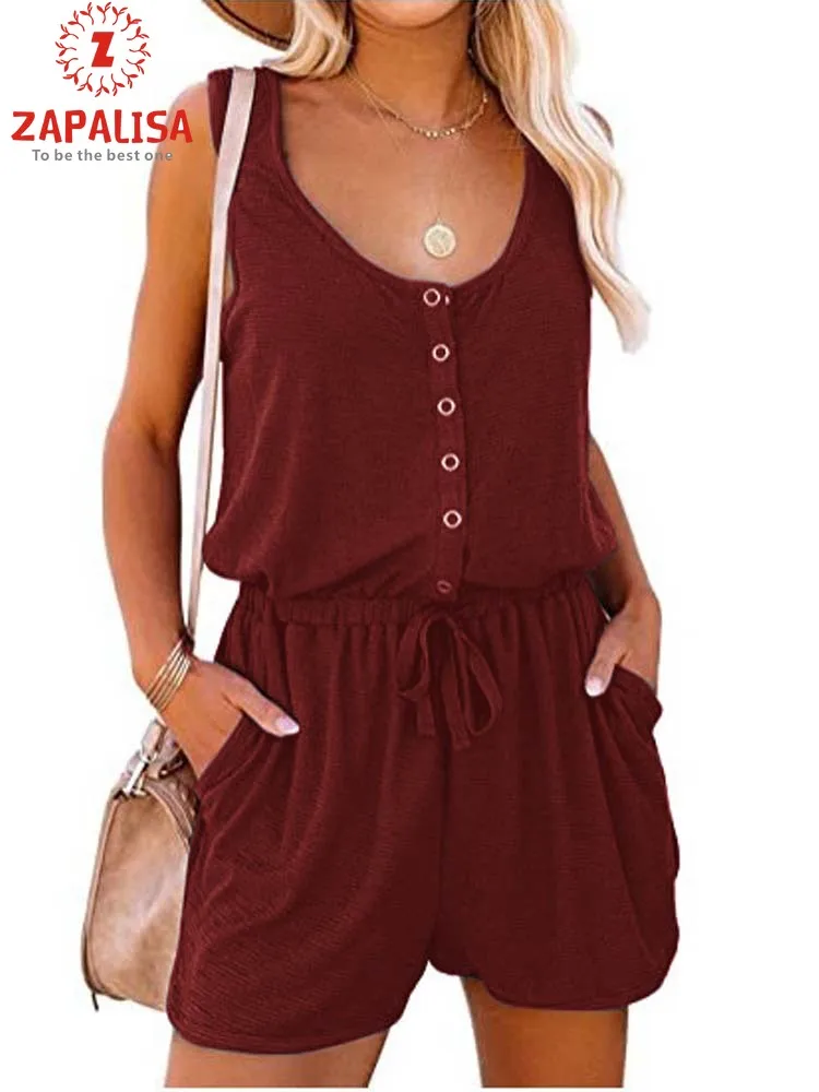 Женский однотонный комбинезон без рукавов повседневный свободный однобортный