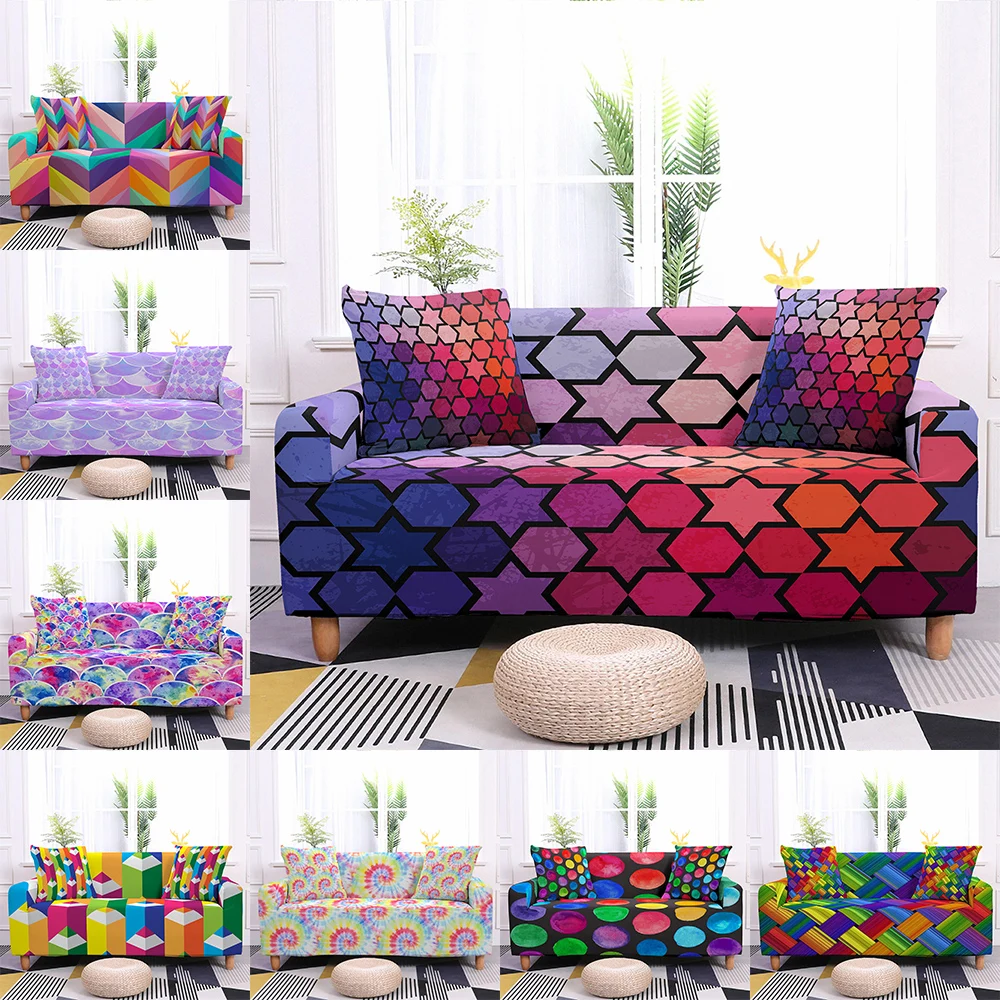 

Sofa Cover For Living Room Colorful Geometry Elastic Corner Sectional Sofa Slipcover Stretch All-inclusive Couch Cover 1-4Seater