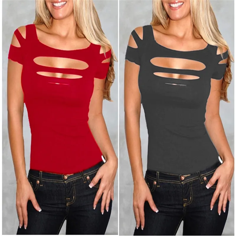 

Summer New Women'S short Sleeveless t-shirt With Spaghetti Straps Cutout Ripped Blue Slim Fit Tank Top