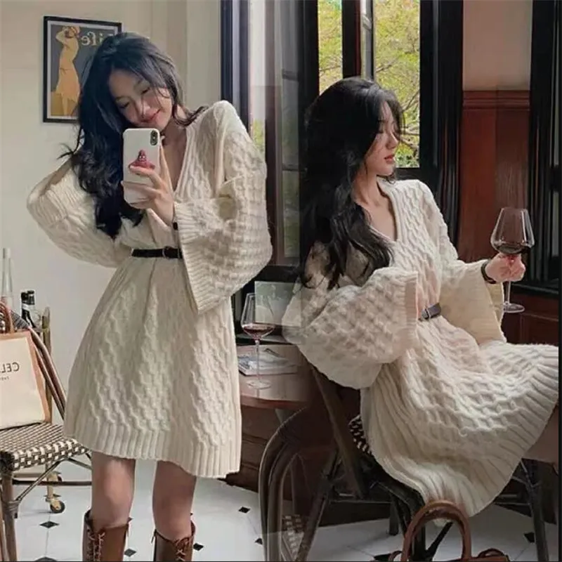 

New Fall Fashion Deep V Neck Black White Knitted Dress Sexy Oversize Fashion Long Sleeve Loose Casual Bottoming Sweater Dress