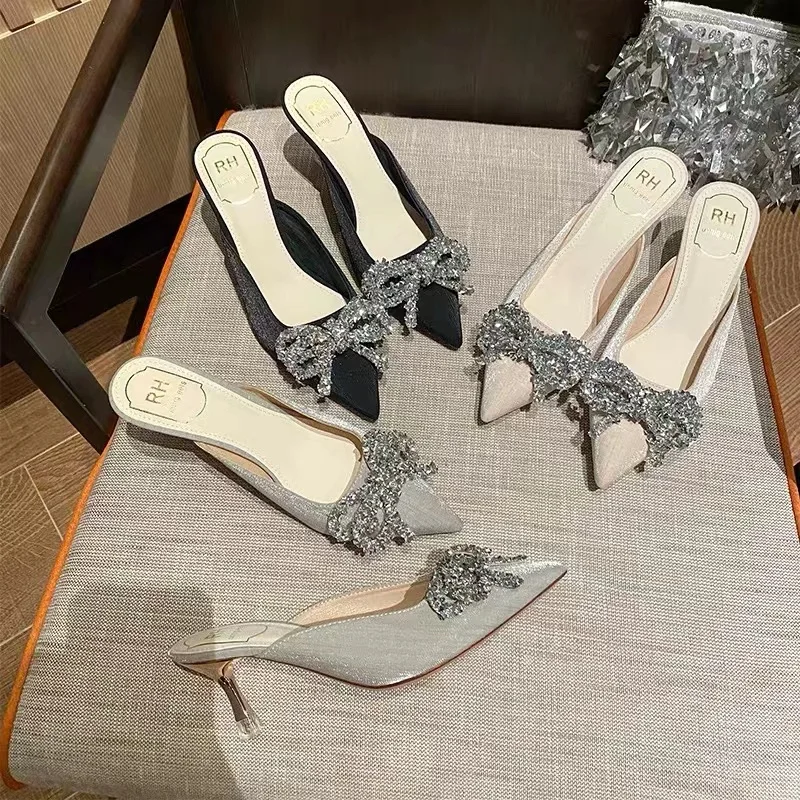 

32-43 Size Women's Stiletto High-Heeled Satin Pointed Toe Slippers Luxury Rhinestone Diamond Butterfly-Knot Sandals Bling Pumps