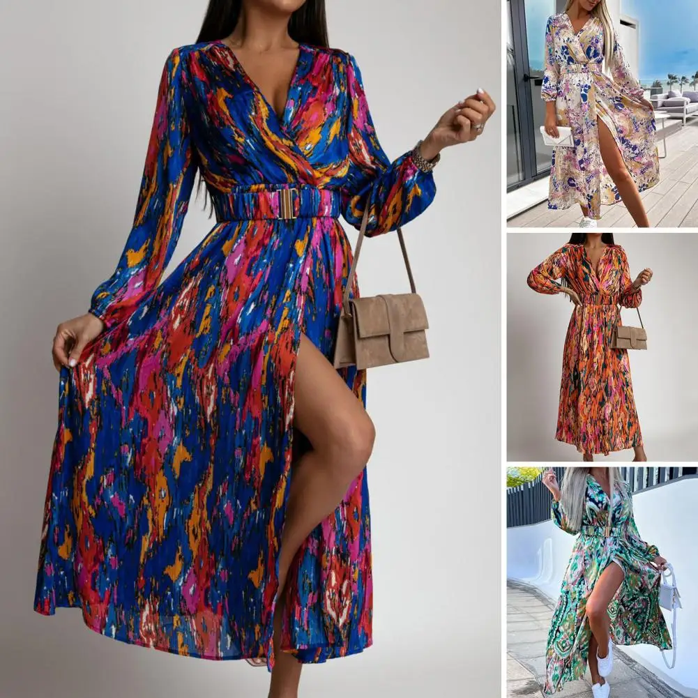 

Elegant Split Party Streetwear Dress Women Half Sleeve Chiffon Dress Fashion Beach Printed Summer Dress V Neck Long Cover Up