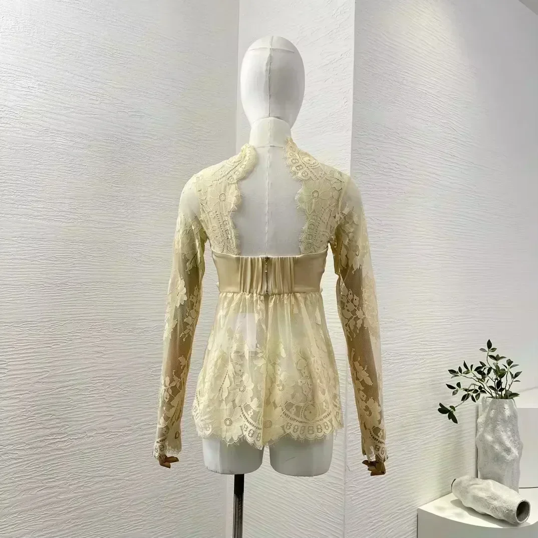 Бежевая 2024 новая винтажная высококачественная шелковая кружевная облегающая
