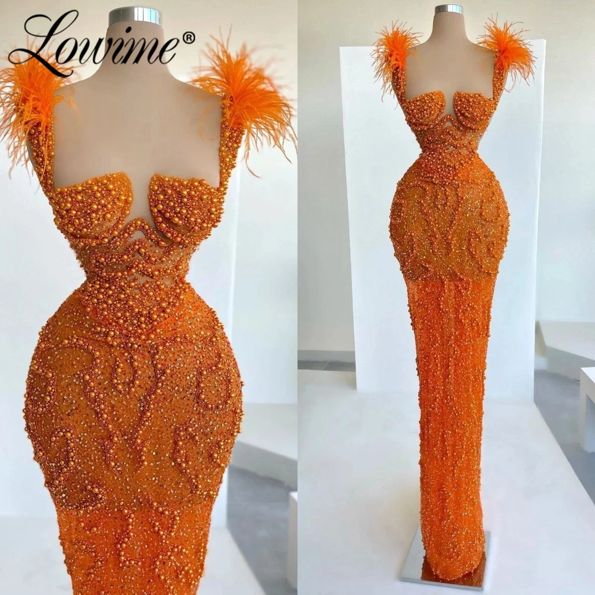 Lowime-vestido de fiesta con cuentas naranjas y plumas para mujer, traje de noche para boda, para ocasiones, personalizado, largo, 2022
