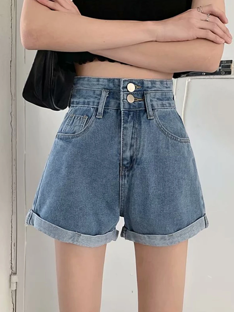 Spring Summer Women High Waist Button Loose Denim Shorts Streetwear Female Wide Leg Blue Jeans Shorts Bottoms