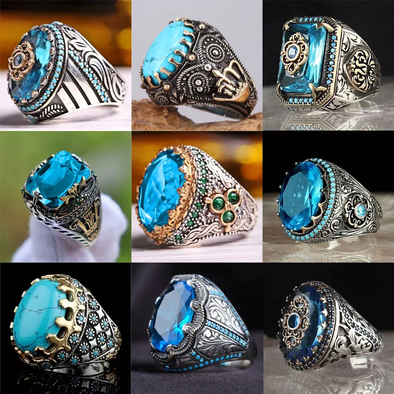 

2023 new inlaid sea blue emerald men's ring Turkey retro domineering personality ring to attend the banquet high-quality jewelry