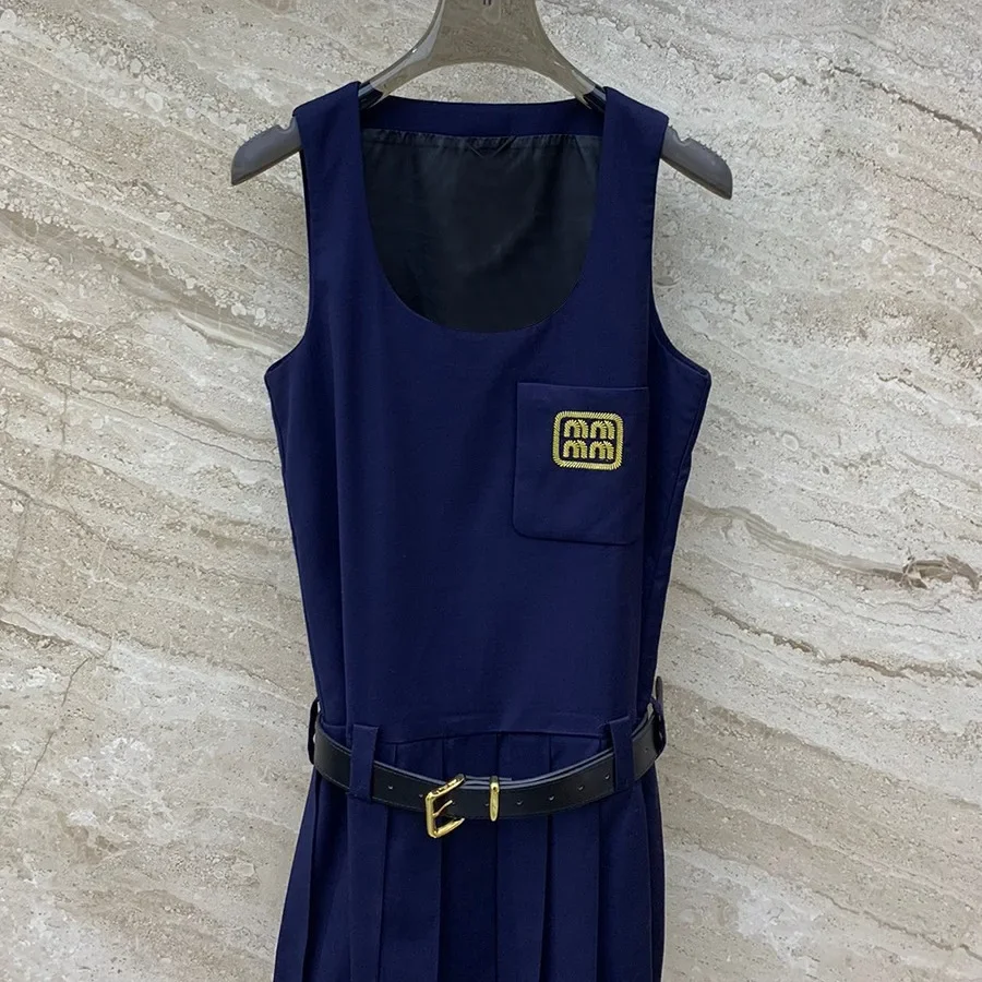 Nanfu High Board Miu System Deep Blue Dress Sleeveless Embroidery With Belt Join Plaid Skirt Spring New Style