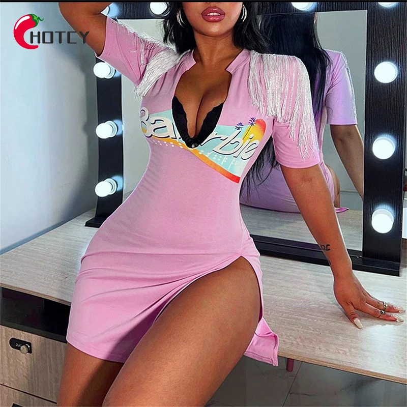 

HOTCY Sexy High Split Women Clothing with Short Sleeve Letter Print Stretchy Plus Size Tassel Mini Dress