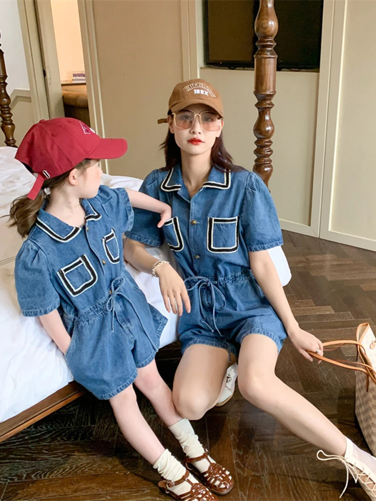 Корейская версия одежда для родителей и детей джинсовый комбинезон мамы дочки