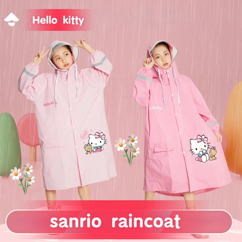 

Sanrio Hello Kitty Raincoat Kawaii Children Cartoon Anime Reflective Stripes Large Hood with Schoolbag Travel Raincoat Girl Gift