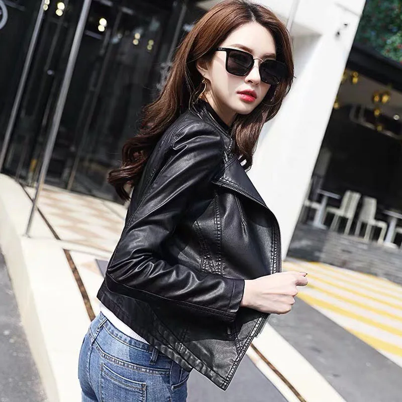 1pcs Women's Short PU Leather Suit Jackets 2022 Autumn Fashion Faux Fur Splicing Irregular Black Ladies Skinny Locomotive Coats