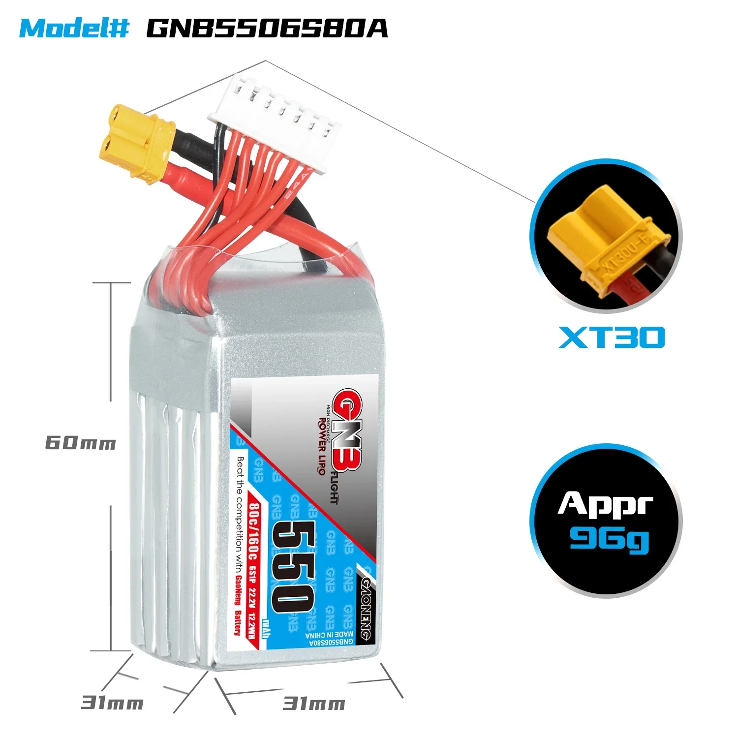 GAONENG GNB 550mAh 6S 80C 160C 22 2 V XT30 LiPo батарея квадратного типа 3 inch зубочистка Дрон Cine Whoop