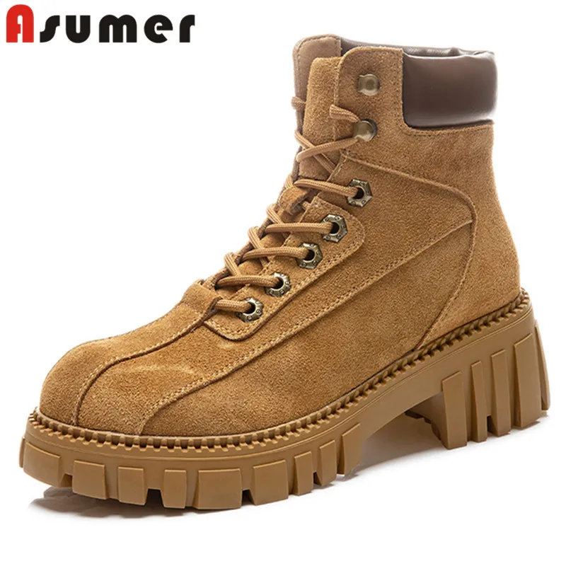 

ASUMER 2023 New Size 35-40 Cow Suede Cross Tied Winter Boots Woman Thick Med Heels Platform Shoes Ladies Fashion Ankle Boots