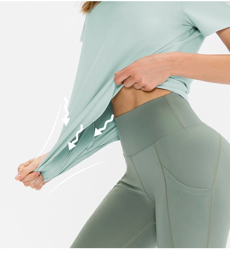 With Logo Women Loose Yoga Short Sleeve Breathable Running Sports Top Casual T-shirt Elastic Speed Dry Fitness Clothing