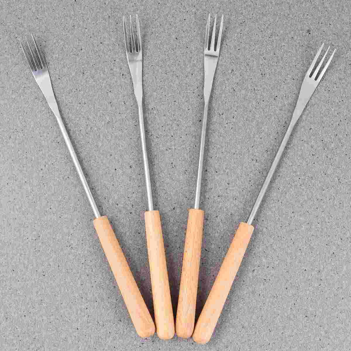 

Fondue Forks Fork Stainless Steel Sticks Skewers Handle Wood Chocolate Cheese Fruit Hot Barbecue Dessert Pot Grilling Wooden