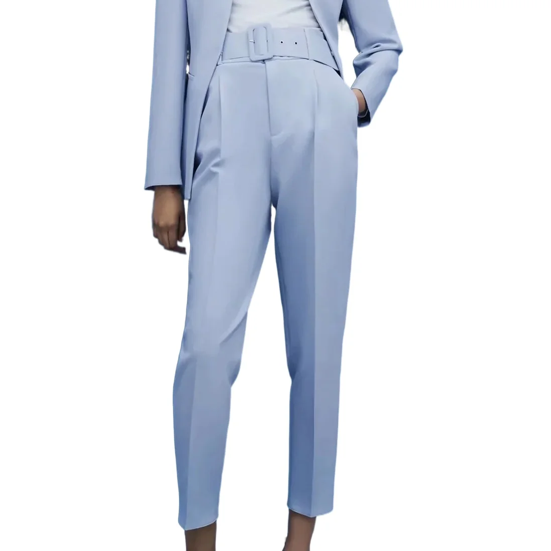 

Брюки BLSQR женские Костюмные с высокой талией, офисные модные однотонные штаны с поясом и карманами, голубые, на весну-осень