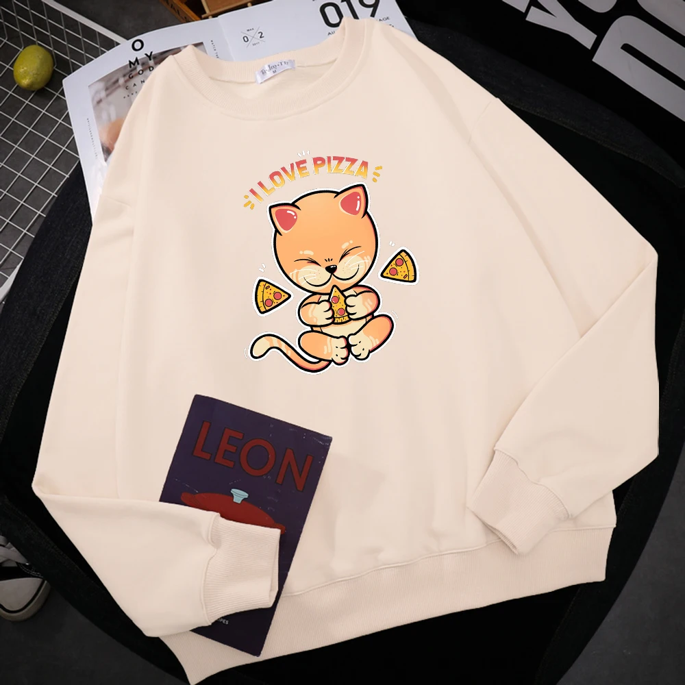 

I Love Pizza Cute Cat Prints Hoody Man Fleece fur-liner Sweatshirt Simple S-XXL Hooded Street High Quality Woman Clothes