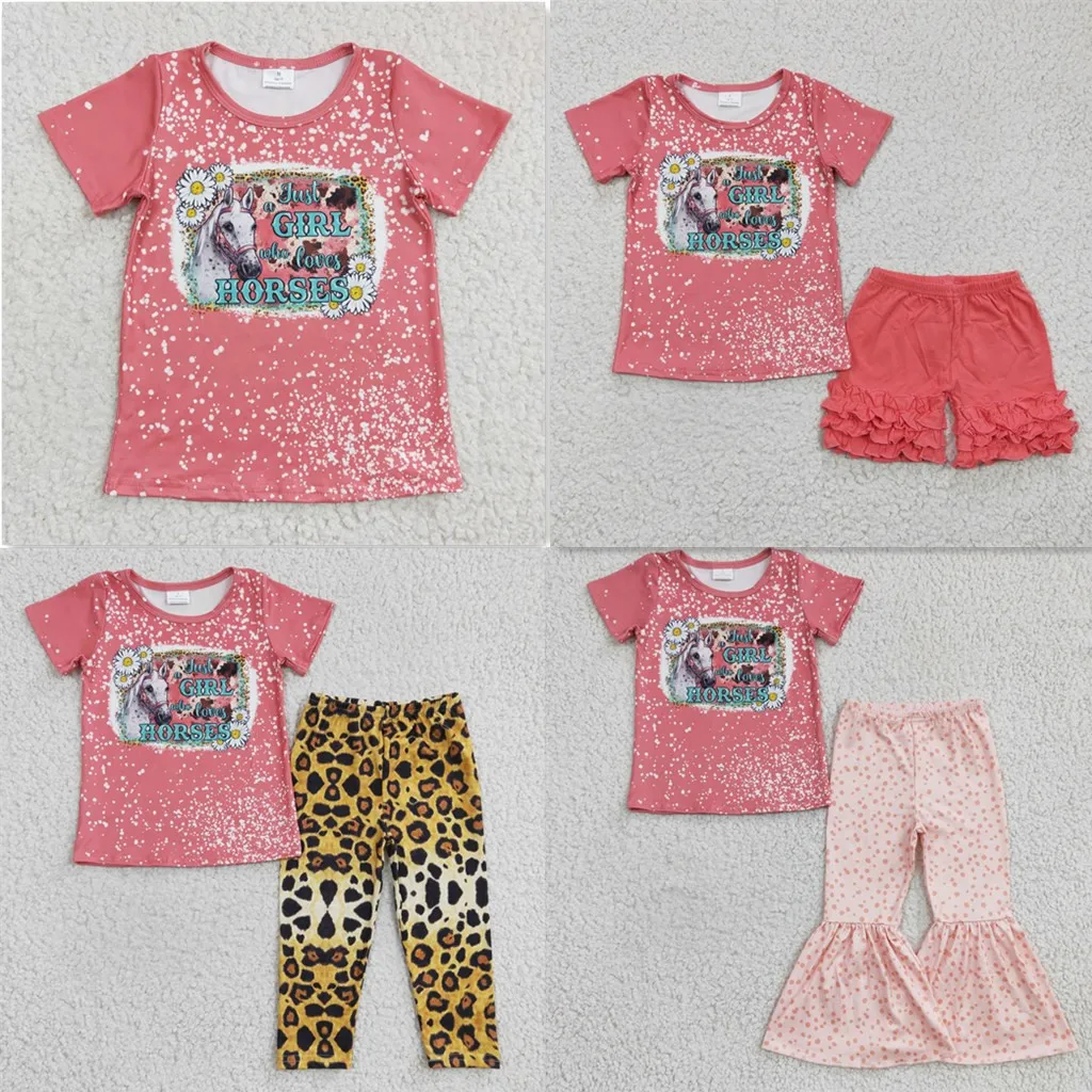 

Hot Selling Wholesale RTS Toddler Baby Bleached T Shirt Set Boutique Children Apparels K​ids Girl Horse Clothes