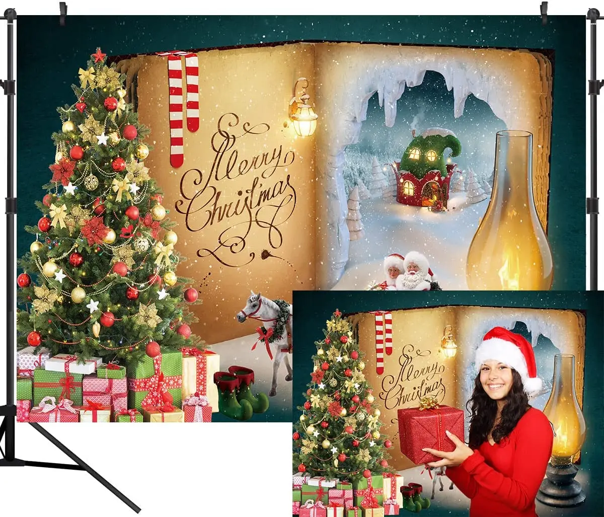 

Christmas Candy Canes House Book Backdrop Winter Snow Wonderland Fairy Tale Santa Background Decor Banner Photo Booth Props