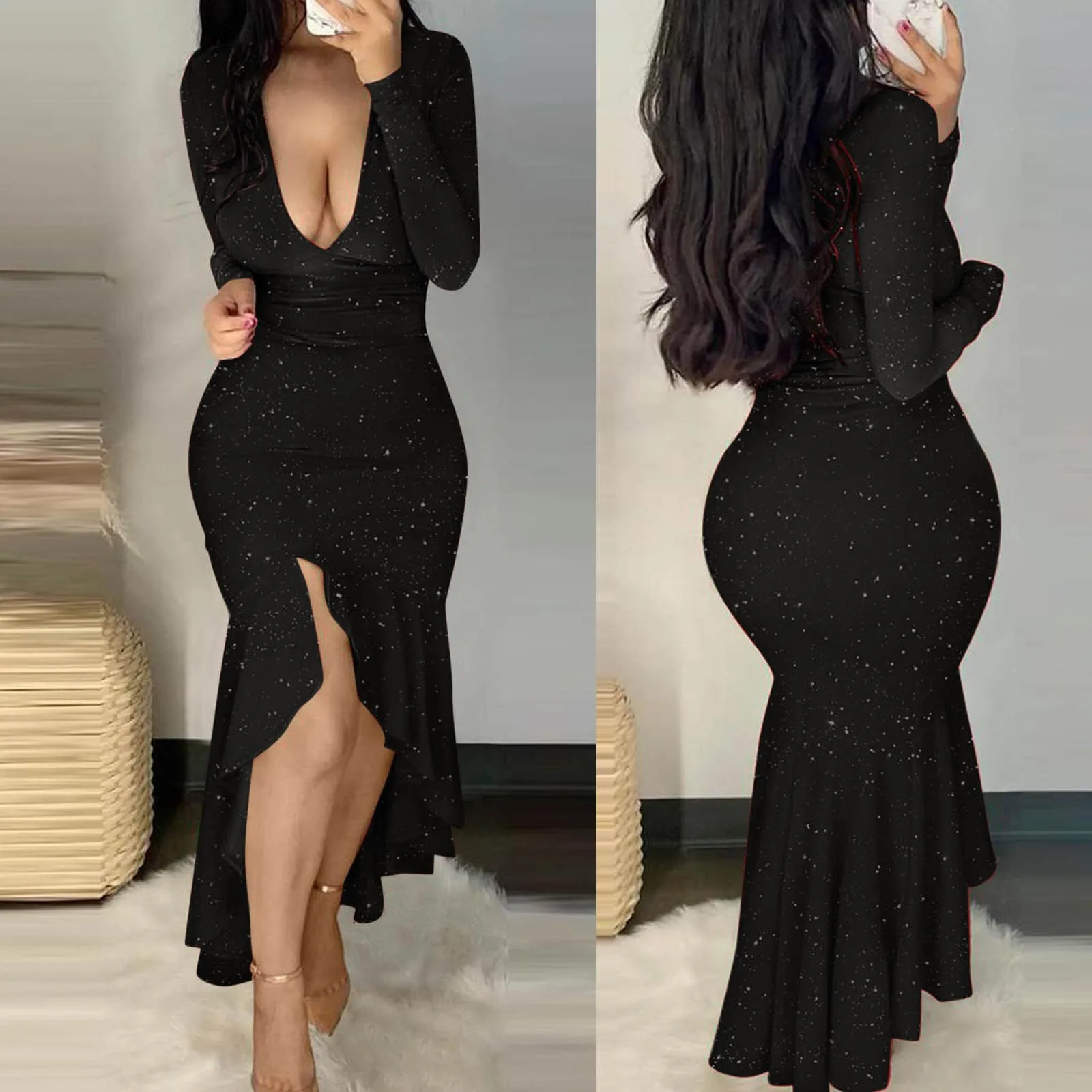 

Sequins Glitter Formal Dress Off Shoulder Irregular Split Fishtail Ruffle Hem Slit Asymmetry Bodycon Dress For Wedding Party