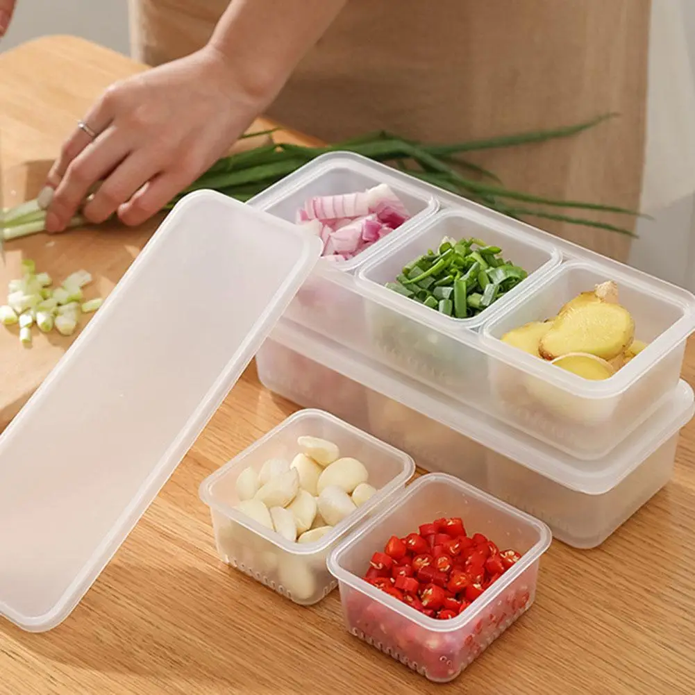 

3 Grid Compartment Food Classification Box Fresh-keeping Box with Lid Drain Hole Seasoning Onion Ginger Garlic Storage Basket