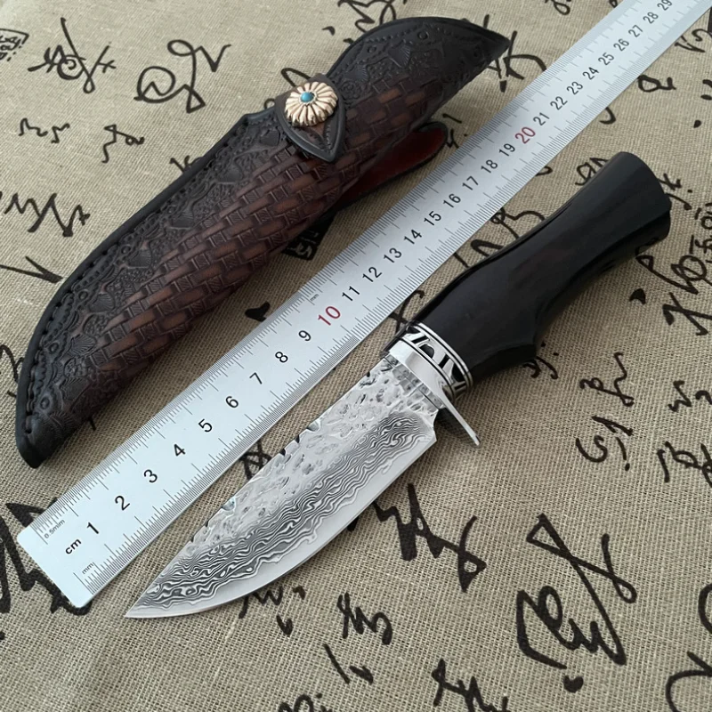 

Drop Ship Forged Damascus Steel Fixed Blade Knife Ebony Handle Sharp Barbecue Grilled Meat Cutter Outdoor Hunting Camping