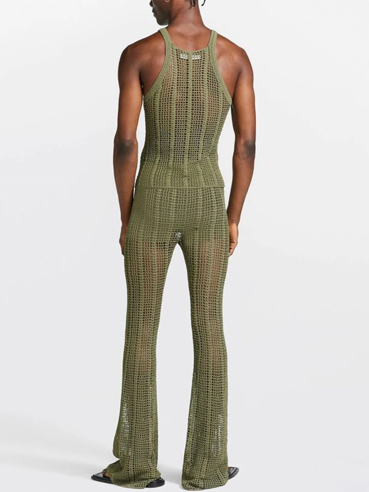 Casual Hollow Knit Vest Hollow Flare Casual Trousers Men's Fashion Suit Summer New Two-piece Set