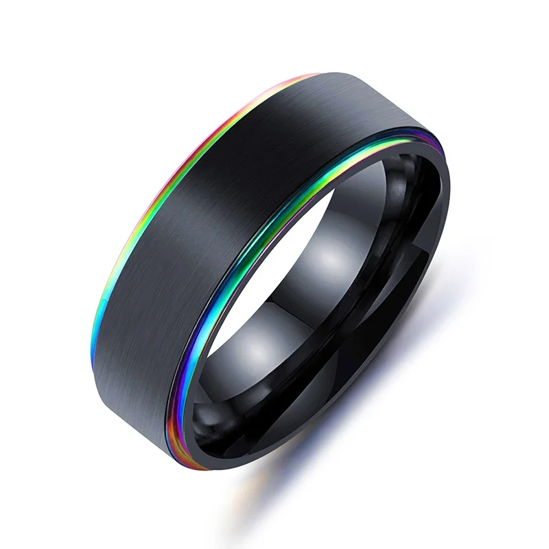 Новое Klassieke 8 мм Regenboog Kleurrijke Titanium Stalen Ring Zwart Geborsteld Wedding Band Mannen