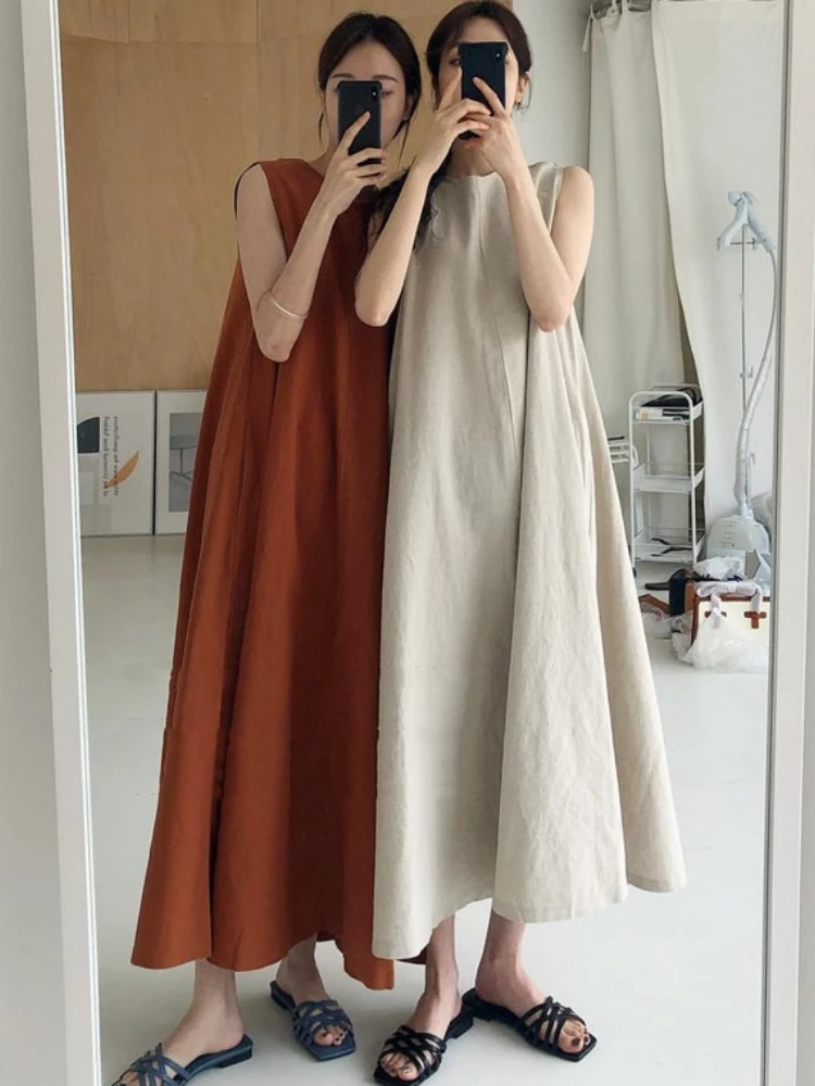 

Женское свободное платье-трапеция из хлопка и льна, длинное приталенное платье без рукавов во французском стиле, лето