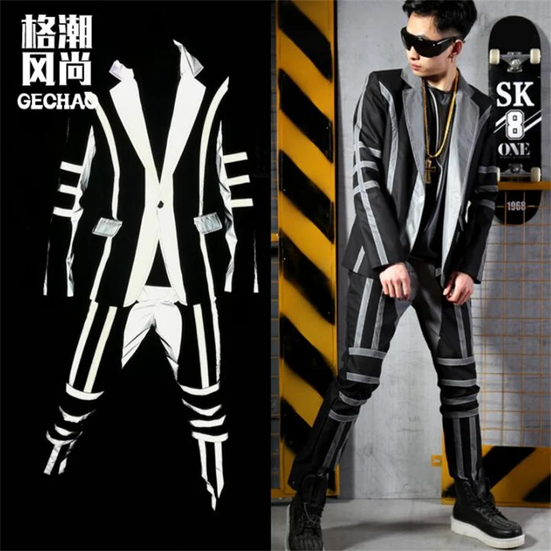 Trendy male singer suits mens blazers reflective stitching cool coat nightclub bar hairdresser stage costumes