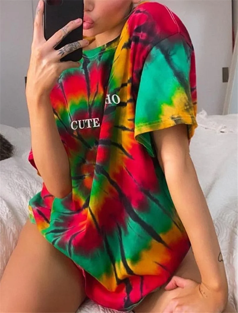 

Women Summer Fashion O-Neck Short Sleeve Loose Tops Indie Multicolor Print Casual T-Shirts Green Yellow Plus Size Pullover Tees
